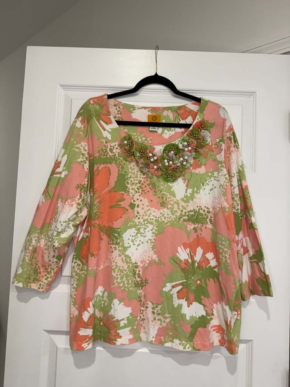 Ruby Rd. Floral Embellished Neck Top Size 2X Pink Green Cotton